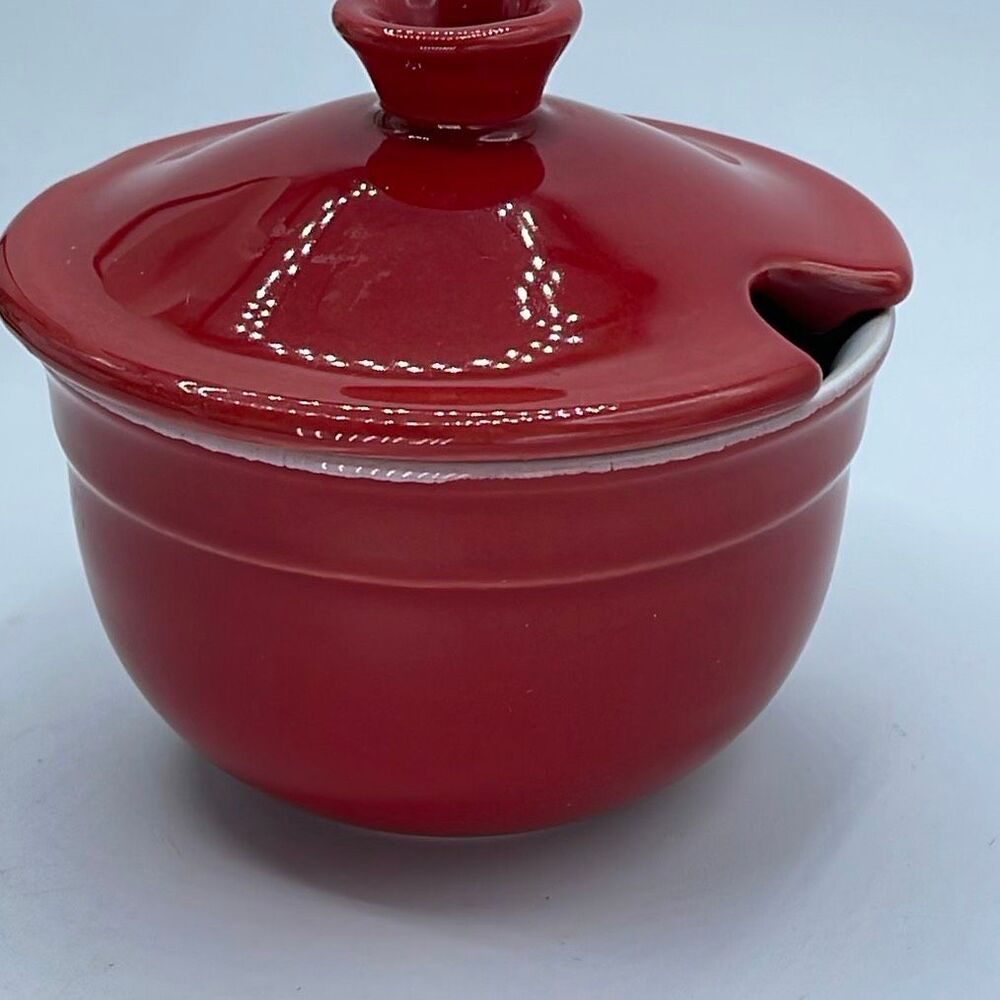 Emile Henry France pottery red glazed sugar bowl.